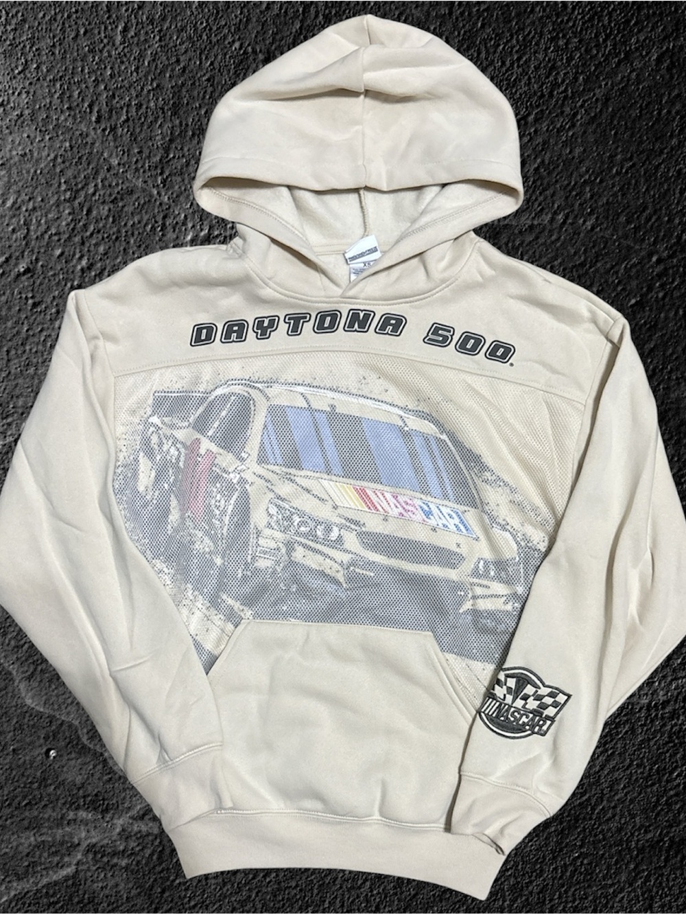 NASCAR Daytona 500 Mesh Overlay Race Car Graphic Hoodie Cream XS